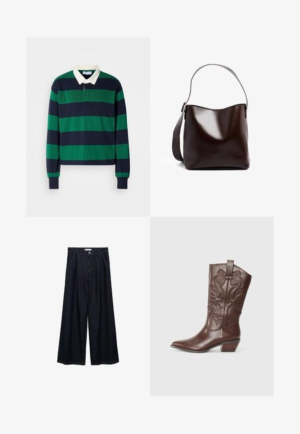 Pitkähihaine polo-paita, jossa on vihreät ja laivastonsiniset vaakasuorat raidat, valkoisella kauluksella ja nappilista. Valmistettu pehmeästä puuvillamateriaalista.; Tummat farkku leveälahkeiset housut korkealla vyötäröllä, joissa on etunapit, kaksi sivutaskua ja ompeluyksityiskohtia.; Ruske kožne kaubojske čizme s povijenim nosom, dekorativnim šavom na štuku i niskim složenim potplatom. Glatka tekstura s sjajnim finišom.; Ruskea nahkainen olkalaukku, jossa on sileä ja kiiltävä pinta. Sen yläosa on kaareva ja hihna leveä. Yksinkertainen muotoilu ilman koristeita.