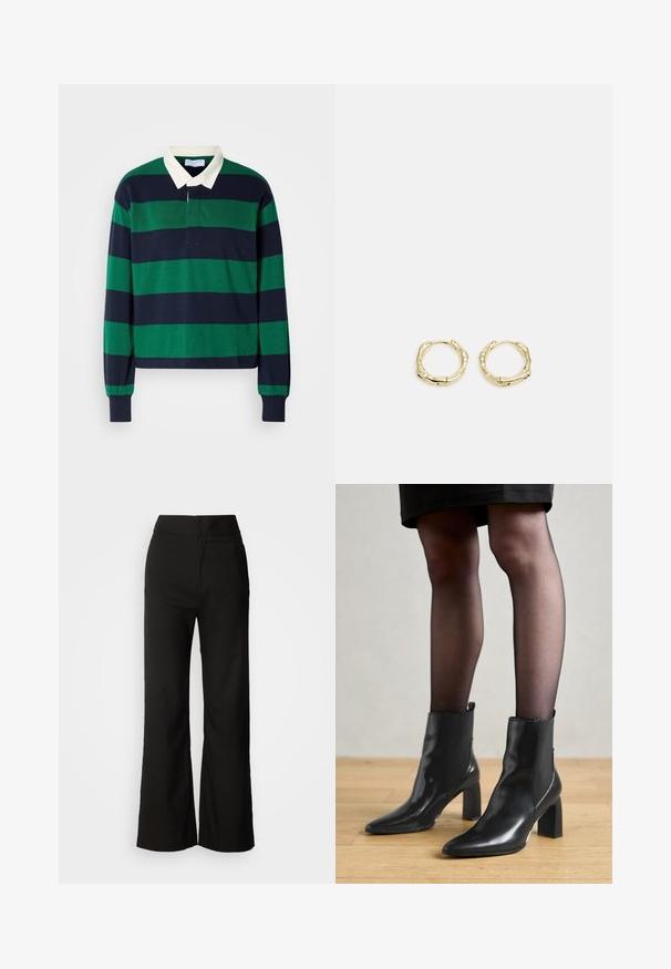 Langärmeliges Polohemd mit grünen und marineblauen horizontalen Streifen, ausgestattet mit einem weißen Kragen und Knopfleiste. Hergestellt aus weichem Baumwollmaterial.; Schwarze weit geschnittene Hosen mit glatter Textur, hoher Taille und klarem Design. Keine sichtbaren Taschen oder Verzierungen.; Schwarze Leder-Ankle-Boots mit spitzer Zehenform, klobigem quadratischem Absatz und schlankem Design. Verfügt über elastische seitliche Einsätze für leichtes An- und Ausziehen.; Goldene Creolen mit einer strukturierten, unregelmäßigen Form. Sie verfügen über einen nahtlosen Verschluss und eine polierte Oberflächenbehandlung, die ein modernes Design betont.