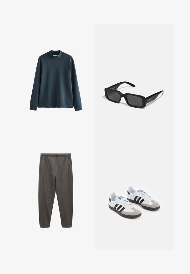 Felpa lunga a maniche con colletto alto di colore blu scuro, realizzata in un tessuto morbido. Presenta spalle basse e polsini a costine. Design semplice, senza fantasie.; Pantaloni da jogging grigi realizzati in tessuto morbido, dotati di elastico in vita, tasche laterali e un design a gamba affusolata.; Scarpe sportive con tomaia in pelle bianca, punta in suede grigia e tre strisce nere. Presentano un logo blu sulla linguetta e una suola in gomma testurizzata.; Arnette THEKIDD UNISEX - Occhiali da sole - black