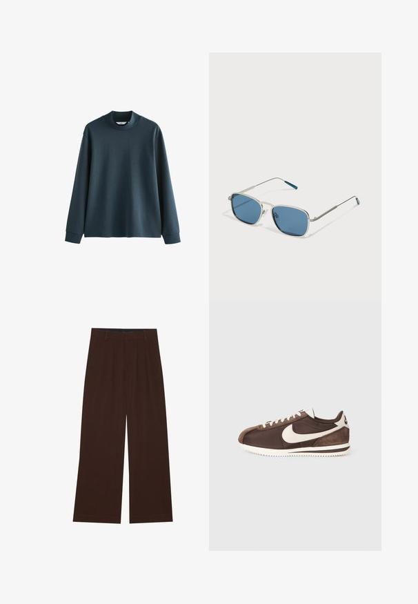 Mørkeblå langærmet sweatshirt med høj hals, lavet af glat stof. Har sænkede skuldre og ribbede manchetter. Simpelt design, ingen mønstre.; Brune bredbenede bukser med plisseringer. Lavet af et glat stof, der har en skræddersyet talje og sidelommer. Flad kant nederst.; Brun sneaker i en blanding af ruskind og canvas-materialer, med et hvidt Nike swoosh-logo og en tekstureret gummisål.; Solsorte med en sølvmetalramme, rektangulære blå linser og tynde stænger. Har blå detaljer på stangens spidser.