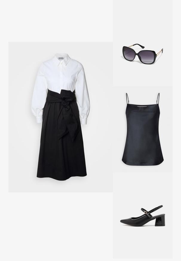 Black camisole with a cowl neckline and thin adjustable straps. Features smooth fabric, relaxed fit, and a simple design without embellishments.; White button-up top with long puff sleeves, paired with a black skirt and fabric belt tied at the waist, made from smooth cotton material.; Black patent leather slingback heels with a pointed toe, a rounded cutout design, and a block heel. Features a gold-tone buckle accent.; Black oversized sunglasses with gradient lenses, thick frames, and gold-tone chain detailing on the temple arms.; Black tote bag made of synthetic material, featuring simple rectangular design, gold square accents, and double handles.