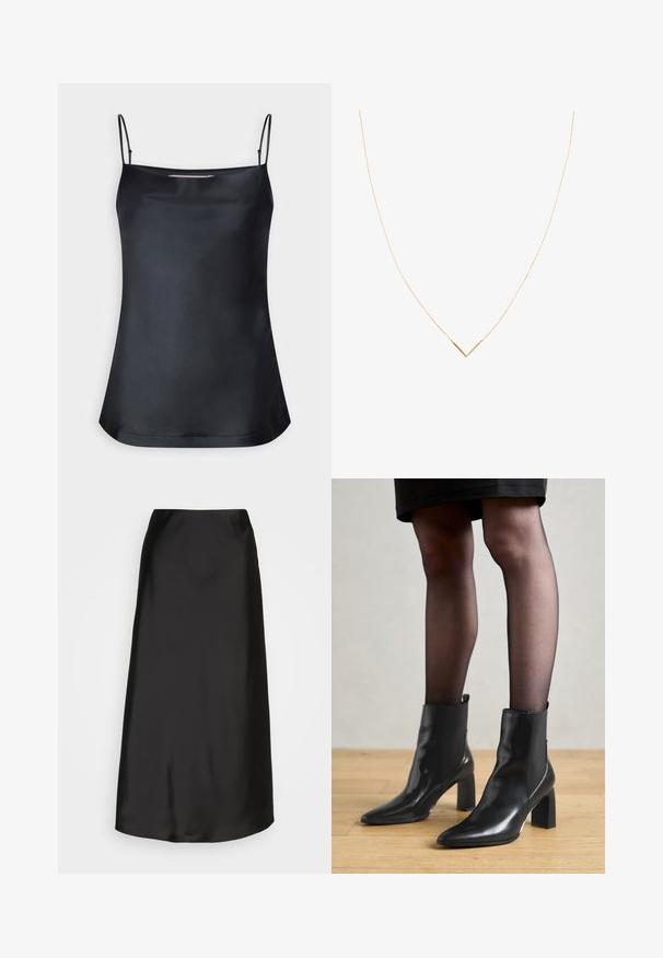 Fekete felső, cseppnyakú, vékony állítható pántokkal. Simább anyagú, laza szabású, egyszerű design, díszítések nélkül.; Fekete selyem midi szoknya sima textúrával, A-vonallal és finom fényességgel. Elegáns, egyszerű kialakítással rendelkezik, díszítések nélkül.; Fekete bőr bokacsizma, hegyes orral, vastag négyzetes sarkal és letisztult dizájnnal. Az egyszerű felvételt segítő elasztikus oldalsó panelek jellemzik.; Arany színű nyaklánc vékony lánccal és V alakú medállal. Letisztult dizájn sima, fényes felülettel és minimális részletezéssel.