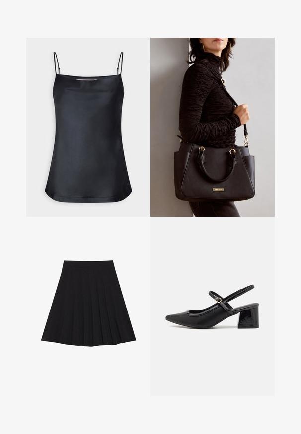 Melna kamzaka blūze ar kakla izgriezumu un plānām regulējamām siksniņām. Iespējamā gluda auduma, brīva piegriezuma un vienkārša dizaina bez rotājumiem.; Melna plisētā svārku ir izgatavota no teksturēta auduma ar ietilpīgu jostasvietu. Svārki ir līdz ceļiem un tiem ir gluda, tīra silueta.; Melns patentēts ādas sandales ar norādīta pirksta formu, noapaļotu izgriezuma dizainu un bloķētu papēdi. Iezīmēta ar zelta toņa sprādzi.; Melnā rokassoma ar teksturētu virsmu, diviem augšējiem rokturiem un regulējamu pleca siksnu. Iespējas ar zelta krāsas aparatūru un sānu kabatām.