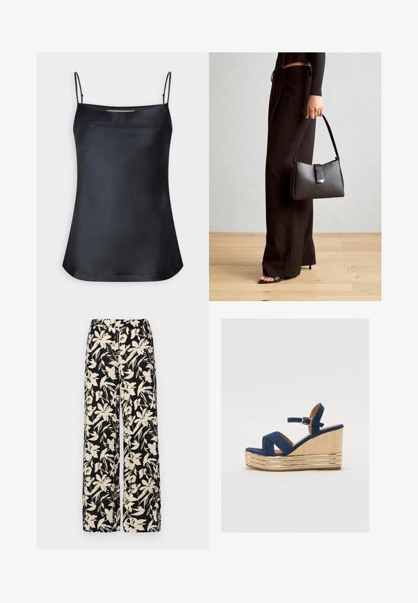 Fekete felső, cseppnyakú, vékony állítható pántokkal. Simább anyagú, laza szabású, egyszerű design, díszítések nélkül.; Fekete, bő szárú nadrág krém színű virágmintával. Könnyű anyagból készült, sima tapintású és magas derékrésszel rendelkezik.; Tengerészeti kékszínű wedges szandál keresztbe fölmérő pántokkal, texturált természetes rostból készült talppal, és arany fémes díszítéssel az alján.; Fekete kézi táska strukturált formával, sima textúrával és fémből készült záródással. Széles fekete nadrággal és nyitott orrú szandállal párosítva, fából készült padlón.