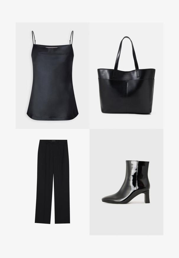Camisola preta com decote em cowl e alças finas ajustáveis. Apresenta um tecido suave, corte relaxado e um design simples sem adornos.; Calças pretas com um design de perna reta, apresentando dois bolsos frontais e um cós. Feitas de um tecido leve e suave.; Botim de tornozelo em pele sintética preta com bico apontado e salto bloco de altura média. Textura suave e design minimalista.; Bolsa tote preta em couro com duas alças longas, textura suave e forma estruturada. Apresenta um bolso frontal para armazenamento adicional.