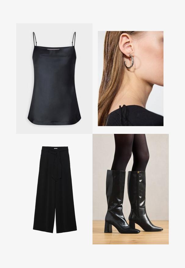 Črna majica s podebljanim ovratnikom in tankimi nastavljivimi naramnicami. Ima gladko tkanino, sproščen kroj in preprost dizajn brez okrasja.; Črne široke hlače iz teksturirane tkanine, z elastičnim pasom in odstranljivim trakom na pasu za prilagodljivo prileganje.; Črne usnjene škornje do kolen z sijočo površino, špičastim nosom in debelejšim peto. Detajl z božnim zadrgo za enostavno obuvanje.; Srebrna obročasta uhana s polirano površino, ki vključuje majhne zlate poudarke in okroglo obliko, nošena na ušesnem lobu.