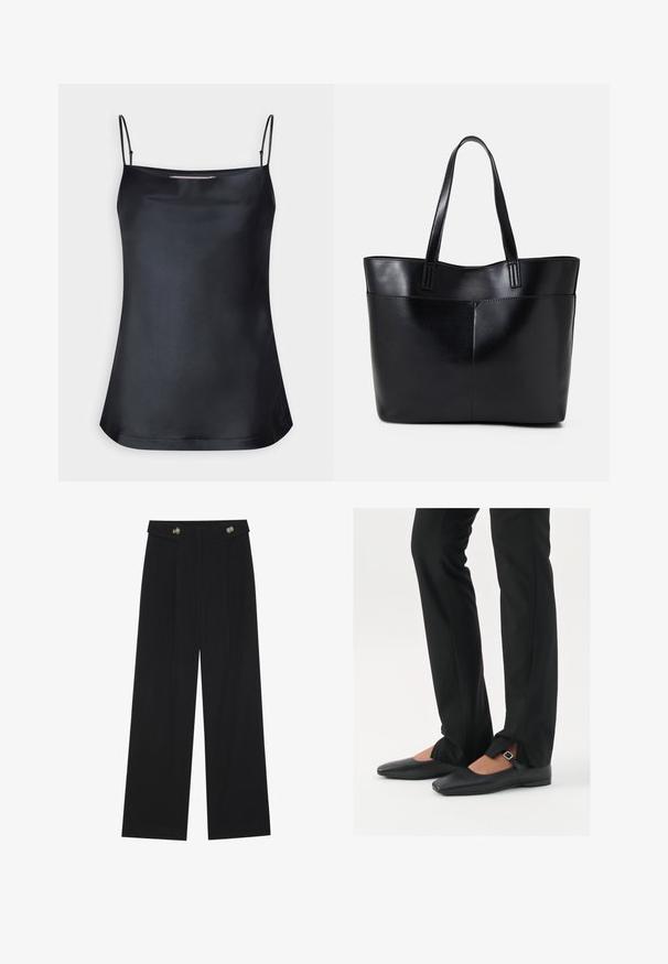 Crna majica s cowl izrezom i tankim podesivim naramenicama. Ima glatku tkaninu, opušteni kroj i jednostavan dizajn bez dodataka.; Crne hlače širokih nogavica s visokim strukom, s dugmadi na pojasu i prednjim nabora.; Crne kožne balerinke s uskim vrhom, trakica sa srebrnom kopčom, u kombinaciji s crnim krojenim hlačama s otvorenim rubom.; Crna kožna torba s dugim ručkama, glatkom teksturom i strukturiranim oblikom. Ima prednju džep za dodatno pohranu.