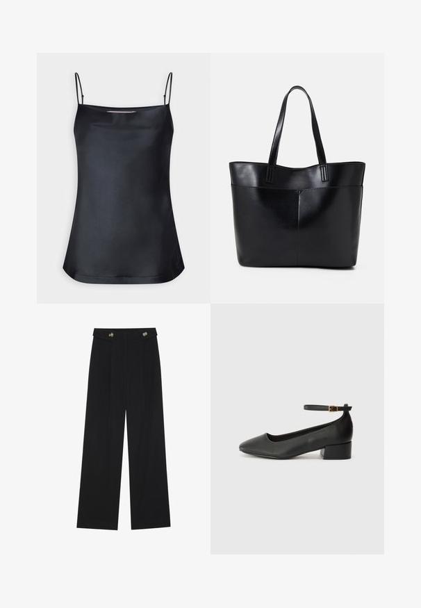 Zwarte cami-top met een colhals en dunne verstelbare bandjes. Heeft een zachte stof, relaxed fit en een eenvoudig ontwerp zonder versieringen.; Zwarte wijde broek met hoge taille, knoopdetails op de tailleband en plooien aan de voorkant.; Zwarte leren pump met een spitse neus en een lage blokhak. Beschikt over een enkelband met een goudkleurige gespsluiting. Gladde textuur.; Zwarte leren tote bag met twee lange handvatten, een zachte textuur en een gestructureerde vorm. Voorzien van een voorvak voor extra opslagruimte.