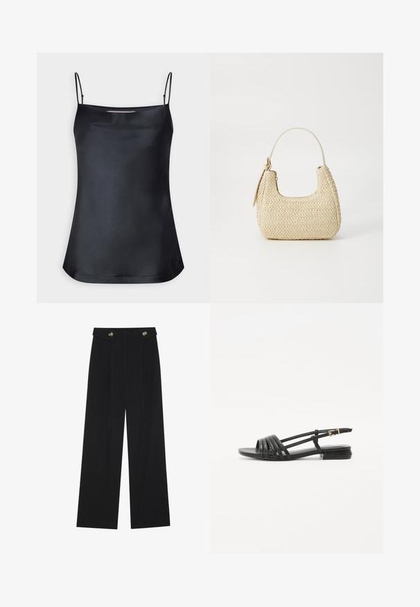 Čierny top s volánovým výstrihom a tenkými nastaviteľnými ramienkami. Obsahuje hladkú látku, voľný strih a jednoduchý dizajn bez ozdôb.; Čierne široké nohavice s vysokým pásom, so zapínaním na gombíky na páse a prednými sklady.; Čierne ploché sandále so šnurovacím dizajnom, obsahujúce viaceré kožené pásiky a tenký remienok na členku. Podrážka je plochá a obdĺžniková.; Tkaná slamenná kabelka v béžovej farbe s oblým tvarom, krátkym uškom a bočným zipsom. Má textúrovaný povrch a minimalistický dizajn.