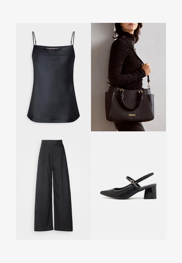 Sort camisole med cowl-udskæring og tynde justerbare stropper. Har glat stof, afslappet pasform og et enkelt design uden pynt.; Mørke, vide bukser med en struktureret talje og læg. Fremstillet af letvægtsstof, der har en glat tekstur og ingen synlige mønstre.; Sorte patentlæder slingback hæle med spids tå, rund udskæring og blokhæl. Har en guldtonet spændeaccents.; Sort håndtaske med struktureret overflade, dobbelt topbærere og justerbar skulderrem. Udstyret med guldfarvet metalhardware og sidelommer.