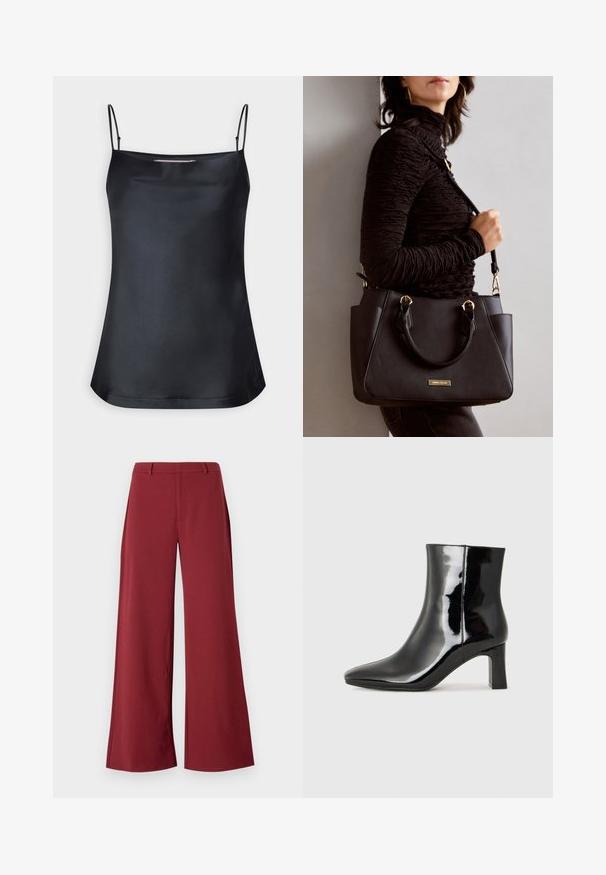 Schwarzes Camisole mit einem Cowl-Ausschnitt und dünnen, verstellbaren Trägern. Verfügt über einen glatten Stoff, einen lässigen Schnitt und ein einfaches Design ohne Verzierungen.; Weite Hosen in einem tiefen Burgunderfarbton. Hergestellt aus einem glatten, dehnbaren Stoff mit taillierten Nähten und einem Reißverschluss auf der Vorderseite.; Schwarzer Lackleder-Stiefelette mit spitzer Zehe und einem mittelhohen Blockabsatz. Glatte Textur und minimalistisches Design.; Schwarze Handtasche mit strukturierten Oberflächen, doppelten Obergriffen und verstellbarem Schultergurt. Mit goldfarbener Hardware und Seitentaschen.