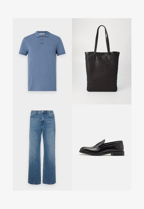 Kék pólóing, pamutból készült, klasszikus gallérral, három gombos nyakkivágással, rövid ujjakkal és diszkrét logóval a mellrészen.; Széles lábú, koptatott kék farmernadrág. Öt zsebből, elülső gombos záródásból és egyenes szabásból áll.; Fekete bőr loaferek sima textúrával, kerek orral és dekoratív pánttal a vampnál. Alacsony, rétegelt sarkú, minimalista dizájn.; Fekete vászontáska fekete bőr füllel. Egyszerű dizájn, tágas test és sima textúra. Nincsenek látható logók vagy minták.