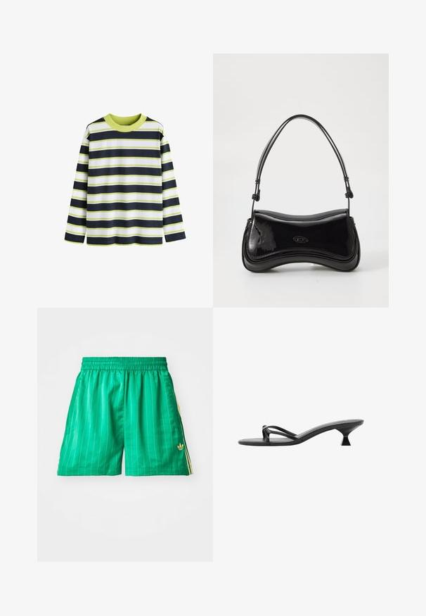 Langärmliges gestreiftes Hemd mit horizontalen Streifen in Marineblau, Weiß und Limettengrün. Rippkragen, weicher Baumwollstoff, lockere Passform.; Grüne Sportshorts mit weißen vertikalen Streifen, elastischem Bund und gelben Seitenakzenten. Mit einem kleinen goldenen Logo unten links.; Schwarze High Heels Sandalen mit einem eleganten Design, dünnen Riemen und einem einzigartigen dreieckigen Absatz. Glatte Textur mit einem minimalistischen Look.; Schwarze Handtasche aus lackiertem Leder mit einer geschwungenen Form, einem einzelnen Griff und einem runden Boden. Verfügt über ein dezentes Logo-Detail auf der Vorderseite.