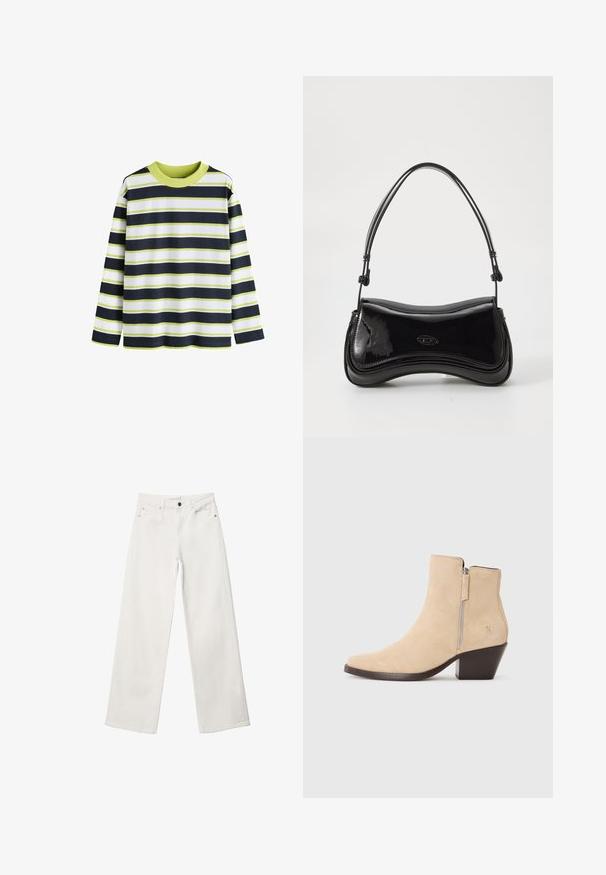 Long-sleeve striped shirt featuring navy, white, and lime green horizontal stripes. Ribbed neckline, soft cotton fabric, relaxed fit.; White wide-leg jeans made of denim, featuring a high waist, five-pocket design, and a metal button closure. Smooth texture, no patterns.; Beige suede ankle boot with side zipper and black stacked heel, shown in profile on a white background.; Black patent leather handbag with a curved shape, a single handle, and a rounded bottom. Features a subtle logo detail on the front.