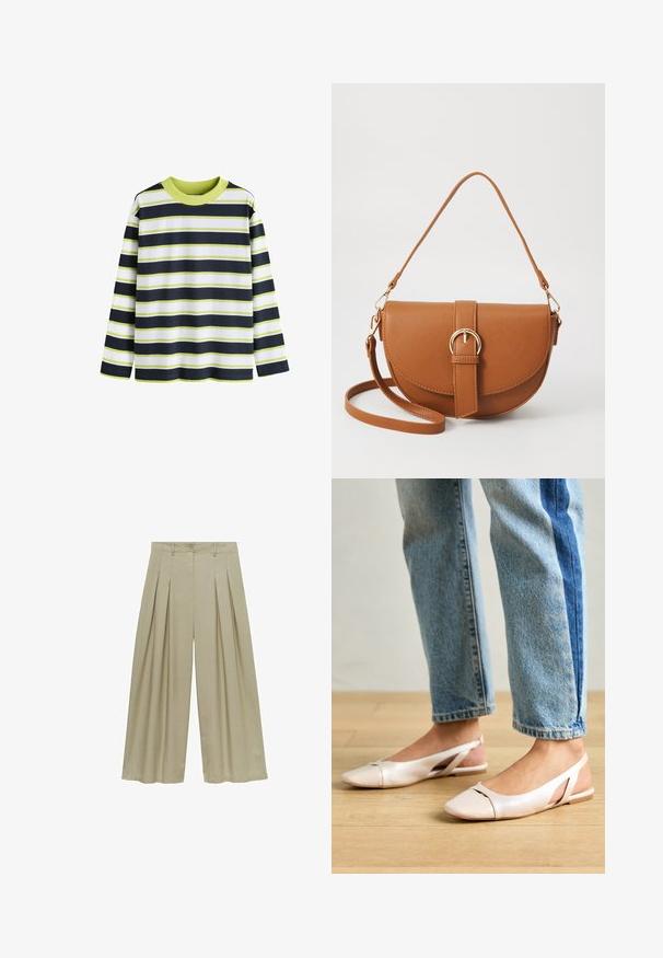 Koszula z długim rękawem w pionowe paski w kolorach granatowym, białym i limonkowym. Rypsowany dekolt, miękki bawełniany materiał, luźny krój.; Mango - Spodnie materiałowe; Jasnoróżowe baleriny na odkrytej pięcie z wąskim noskiem, wykonane z gładkiego materiału imitującego skórę. Posiadają wycięcia po bokach oraz płaski obcas.; Brązowa skórzana torba na ramię o zaokrąglonym kształcie, ze złotymi akcentami i zapięciem w formie klamry. Posiada odpinany pasek na ramię.