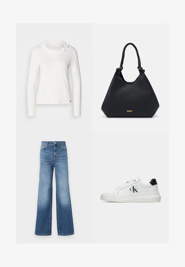Witte lange mouwen top met een bootnek en een omgevouwen kraagdetail. Gemaakt van zacht stof met een gladde textuur. Kleine logo-accent aan de zoom.; Lichtblauwe denim wijde pijpen jeans met een hoge tailleband, voorzien van vijf zakken, riemlussen en een subtiele vervaging naar de zoom toe.; Witte lage sneaker met zwarte hiel tab, plateauzool, veters en Calvin Klein "CK" logo aan de zijkant.; Zwarte leren tote bag met een gestructureerde afwerking, knoopaccenten op de handgrepen en een gouden logo detail aan de onderkant. Beschikt over een slouchy silhoutte.