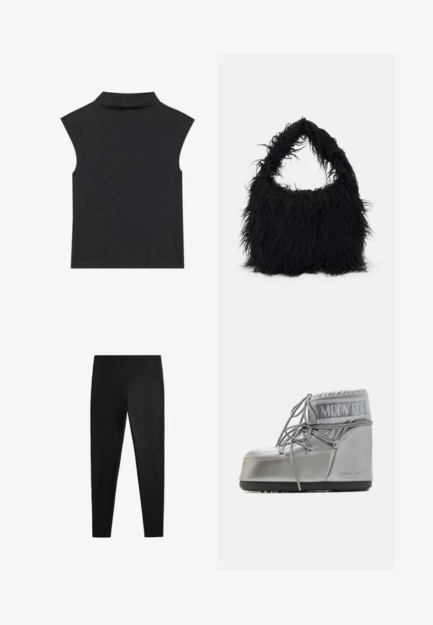 Svart ärmlös topp med hög krage, tillverkad av mjukt material. Har råa kanter och en figursydd form, utan synliga mönster eller utsmyckningar.; Svarta leggings av ett slätt, stretchigt tyg. Har en bred midja och design med avsmalnande ben, lämpliga för aktiv eller avslappnad användning.; Silverfärgad vattentät stövel med rundad form, texturerad yta och grå snören. Har en framträdande "MOON BOOT"-logotyp på den övre sektionen.; Even&Odd Shoppingväska - black