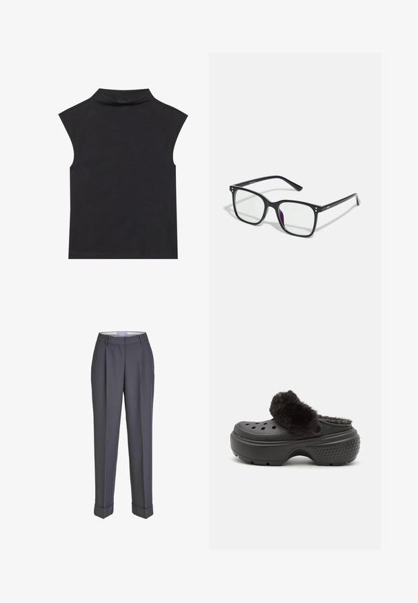 Top negro sin mangas con cuello alto, fabricado en tejido suave. Presenta bordes sin terminar y una forma ajustada, sin patrones o adornos visibles.; Pantalones de traje gris oscuro con un diseño de pierna recta, frente plisado y puños doblados. Fabricados con una tela suave, presentan una cinturilla clásica.; Zuecos negros con una banda superior suave y peluda, que presentan perforaciones en la parte delantera y un talón texturizado para mayor agarre. Diseño ligero y de fácil puesta.; Gafas rectangulares negras con lentes transparentes, que presentan acentos dorados en la montura y un ligero tinte púrpura en uno de los lentes.; Bolso de cuero burdeos con cierre dorado, forma estructurada, asa superior y correa de hombro ajustable. El modelo lleva una chaqueta de mezclilla.