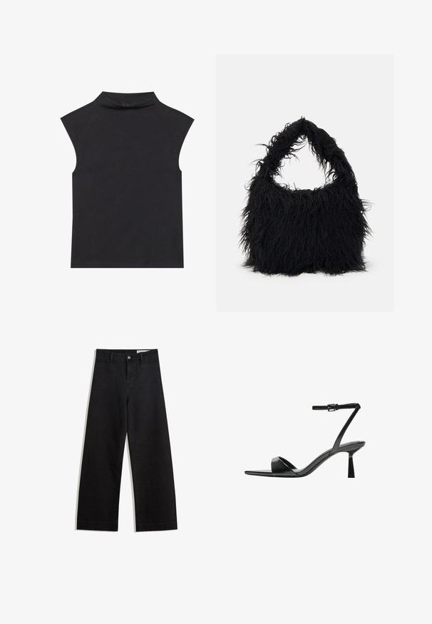 Top nero senza maniche con colletto alto, realizzato in tessuto morbido. Caratterizzato da bordi grezzi e una forma aderente, senza motivi visibili o decorazioni.; Pantaloni in denim neri a gamba larga con vita alta, dotati di tasche anteriori e posteriori, cuciture a punto, e chiusura con bottone. Texture liscia.; Bershka Sandali con tacco - black; Even&Odd Shopping bag - black