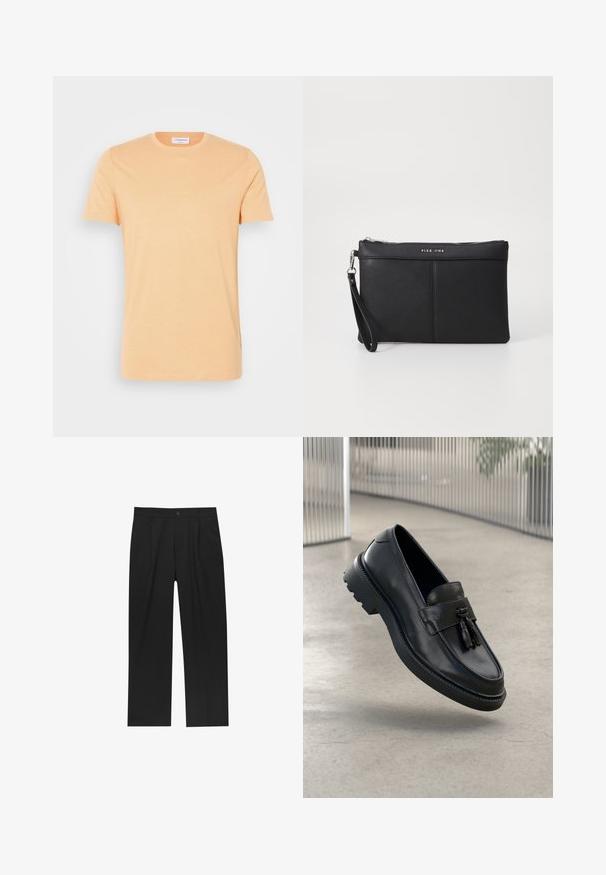 Svetlo broskyňové tričko s krátkym rukávom vyrobené z jemnej látky. Obsahuje okrúhly výstrih a nenápadný nápis "Arrivederci" na prednej strane.; Čierne nohavice s rovnými nohavicami, vyrobené z hladkej tkaniny. Majú predné puky a jediné gombíkové zapínanie v páse.; Čierne kožené mokasíny s hladkým povrchom, dekoratívnym strapcom, hrubou gumovou podrážkou a prešívanými detailmi. Ľahký a elegantný dizajn.; Čierna syntetická kabelka na ruku so zipsovým uzáverom a hladkým povrchom. Obsahuje jemné prešitie a logo vyrazené na prednej strane.