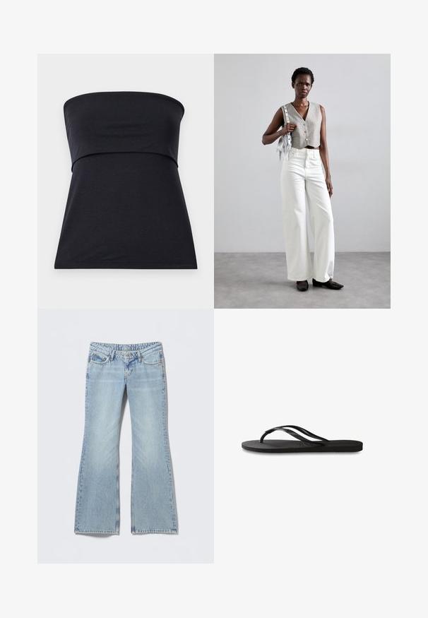 Melnas bezpiedurknes topiņš, kas izgatavots no mīksta kokvilnas, ar pieguļošu krūšdaļu un izplešamu apakšējo daļu. Gluda tekstūra, nav redzamu rakstu vai rotājumu.; Gaiši zilas zvērinātas džinsa bikses ar izbalējušu apdari, piecu kabatu dizainu un kontrastējošām šuvēm. Kokvilnas džinsa audums ar gludu tekstūru.; Melni čības ar teksturētu gumijas zoli, divām plānām siksniņām un smalku, iespiedotu logotipa detaļu uz siksniņas.; Pelēks īss vests ar pogām, apvienots ar baltām platām biksēm un melniem plakanajiem apaviem. Aksesuārs - mazs sudraba frizētājs.