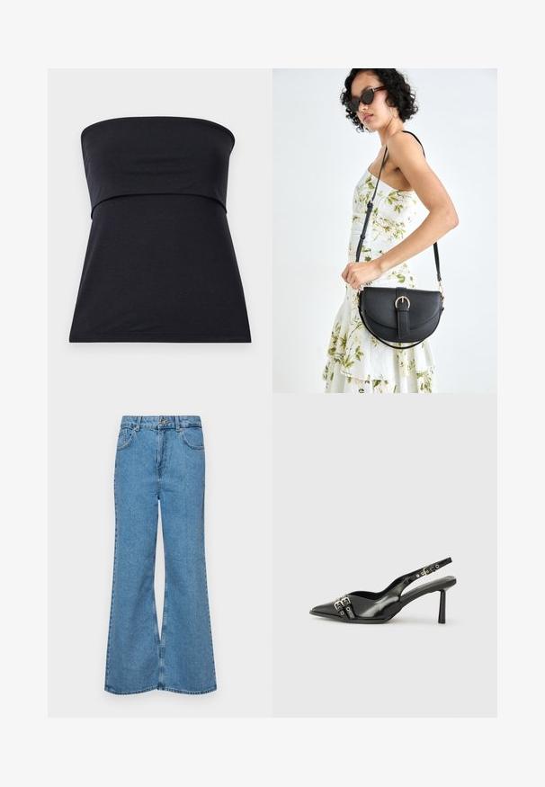 Black strapless top made of soft cotton with a fitted bodice and flared lower section. Smooth texture, no visible patterns or embellishments.; Light blue flared jeans made of denim, featuring a high waist, five pockets, and a single button closure. Soft texture with faded finish.; Black patent leather slingback shoe with pointed toe, ankle straps featuring silver buckles and hardware, and a slender heel.; Black leather handbag with a curved shape, detachable strap, and gold hardware. The bag features a flap with a buckle detail.