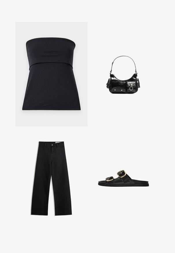 Fekete, pánt nélküli, puha pamutból készült felső, illeszkedő felsőrésszel és bővülő alsó résszel. Simára kidolgozott textúra, látható minták vagy díszítések nélkül.; Fekete, bő szabású farmernadrág magas derékkal, elülső és hátsó zsebekkel, varrott felületekkel és gombos záródással. Sima textúra.; Fekete csúszó szandál, két arany csattal, sima textúrájú anyagból, lapos talppal és minimalista dizájnnal.; Fekete lakkbőr kézitáska ívelt formával, egy vállpánttal, elülső zsebekkel és ezüstszínű fémrészletekkel.