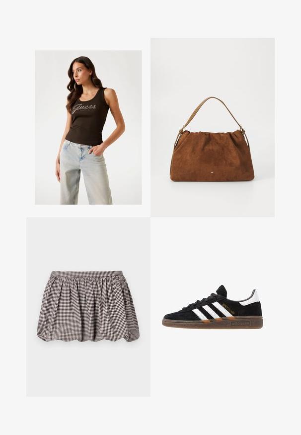 Bruine geribde tanktop met het 'Guess' logo in zilveren versieringen, gecombineerd met lichtblauwe wijde jeans.; Bruine en witte geruite A-lijn rok met een geplooide taille, gemaakt van lichte stof, met een subtiel textuurpatroon.; Zwarte Adidas sneaker met witte strepen, gouden "Spezial" tekst, gumzool en witte hieltab, weergegeven in zijaanzicht.; Bruine suède handtas met een geplooid ontwerp, voorzien van een enkele tan kleur leren schouderband en een subtiele gouden logo-detail aan de voorkant.