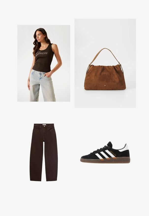 Braunes, geripptes Tanktop mit "Guess"-Logo in silbernen Verzierungen, kombiniert mit hellblauen, weit geschnittenen Jeans.; Braune Jeans aus Denim mit entspannter Passform, ausgestattet mit fünf Taschen, Gürtelschlaufen und klassischem Reißverschluss. Glatte Textur und gerades Bein-Design.; Schwarzer Adidas Sneaker mit weißen Streifen, goldenem "Spezial"-Text, Gummisohle und weißem Fersenbereich, seitliche Ansicht.; Braune Wildlederhandtasche mit einem gerafften Design, ausgestattet mit einem einzelnen hellbraunen Ledertragegurt und einem subtilen goldenen Logo-Detail auf der Vorderseite.