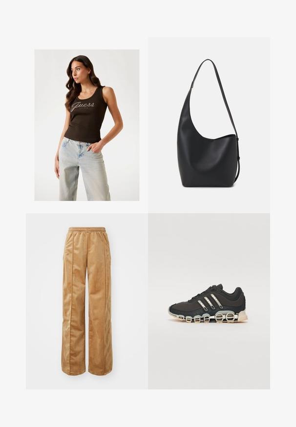 Brun ribbad tanktop med "Guess"-logotyp i silverdekorationer, matchad med ljusblå vida jeans.; Kraftiga vida byxor i mjukt, sammetsliknande material. Har en elastisk midja och vertikala sömmar fram för extra detalj.; Svart sportskor med en texturerad överdel, tre silverränder och en distinkt stötdämpande sula med flera integrerade sektioner.; Svart läder hobo-väska med en slät textur, kurvig form och en justerbar axelrem; har en bred öppning upptill.