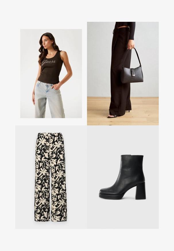 Braunes, geripptes Tanktop mit "Guess"-Logo in silbernen Verzierungen, kombiniert mit hellblauen, weit geschnittenen Jeans.; Schwarze weit geschnittene Hose mit einem cremefarbenen Blumenmuster. Hergestellt aus leichtem Stoff, mit einer glatten Textur und einem hohen Bund.; Schwarze Leder-Stiefelette mit Blockabsatz und Plattformsohle, seitlich auf einem schlichten weißen Hintergrund betrachtet.; Schwarze Handtasche mit strukturierter Form, glatter Textur und einem metallischen Verschluss. Kombiniert mit weiten schwarzen Hosen und offenen Sandalen auf einem Holzboden.