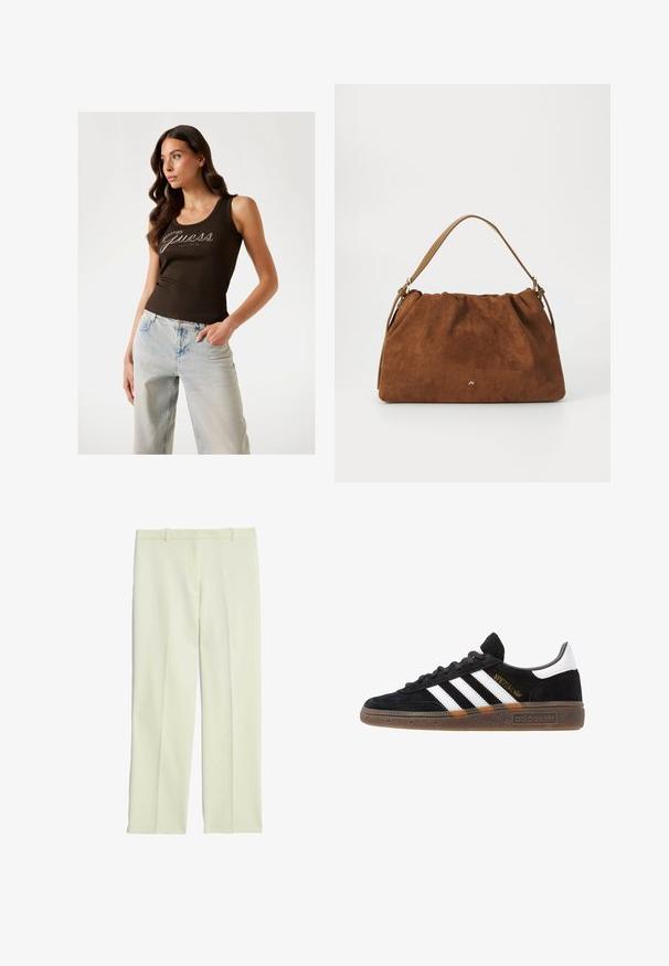 Top a righe marrone con logo "Guess" in dettagli argentati, abbinato a jeans a gamba larga blu chiaro.; Pantaloni su misura color crema con un design a gamba dritta, dotati di una parte frontale piatta, passanti per cintura e una superficie liscia.; Sneaker Adidas nere con strisce bianche, testo "Spezial" dorato, suola in gomma e tab sul tallone bianco, mostrato in veduta laterale.; Borsa in suede marrone con un design arricciato, dotata di una singola tracolla in pelle beige e di un sottile logo dorato dettagliato sulla parte anteriore.