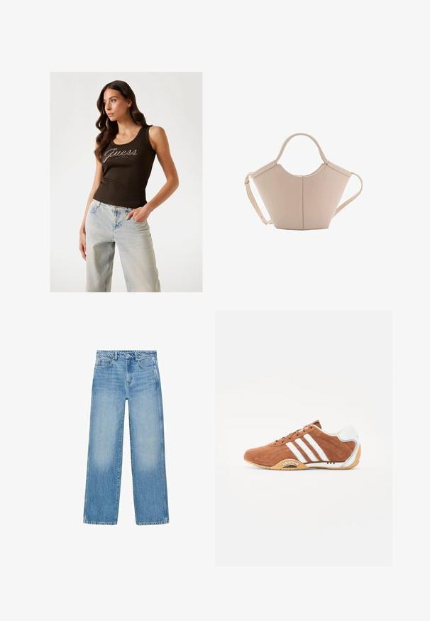 Rjav rebrast top z logotipom "Guess" v srebrnih okrasih, v kombinaciji s svetlo modrimi širokimi hlačami.; Svijetloplave traperice ravnog kroja, s dizajnom od pet džepova i suptilnim blijeđenjem. Imaju kopčanje na gumbe i patentni zatvarač u struku.; Rjavi nubuk športni čevlji z belimi črtami, gumijastim podplatom in rahlim peto. Imajo vezalke in detajl logotipa blizu pete.; Bežna usnjena torbica edinstvene oblike, z dvema kratkima ročajema in dolgim nastavljivim trakom. Gladka tekstura z minimalno kovinsko opremo.