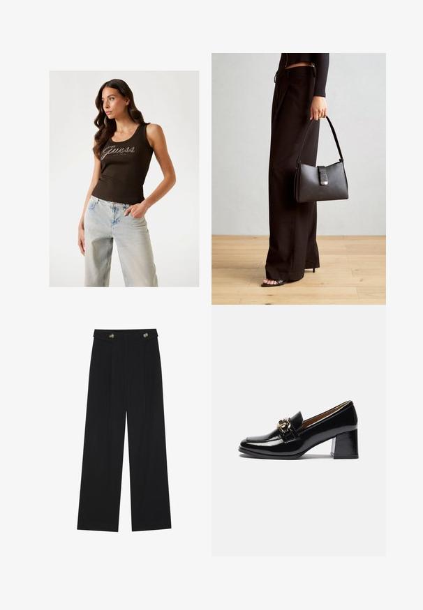 Hnedý rebrovaný top s nápisom "Guess" v strieborných zdobených písmenách, skombinovaný so svetlomodrými širokými džínami.; Čierne široké nohavice s vysokým pásom, so zapínaním na gombíky na páse a prednými sklady.; Čierne lakované kožené poltopánky na vysokom opätku s okrúhlou špičkou, hrubším opätkom a zlatým kovovým detailom na prednom remienku.; Čierna kabelka so štruktúrovaným tvarom, hladkou textúrou a kovovou sponou. V kombinácii so širokými čiernymi nohavicami a sandálmi s otvorenou špičkou na drevenej podlahe.