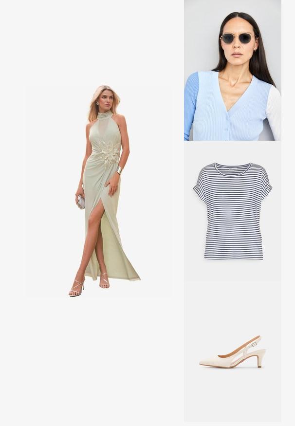 Csíkos, rövid ujjas póló fehér és sötétkék színben, kerek nyakkivágással és laza szabással, puha pamut anyagból készült.; Mentazöld, nyakpántos ruha hálós részletekkel, díszes virágmintával, magas hasítékkal és lágy eséssel, ezüst kiegészítőkkel párosítva.; Fehér slingback sarok, hegyes orral, sima felső anyaggal, alacsony blokk sarkával és oldalsó kivágott dizájnnal, állítható csatpánttal.; Kerek napszemüveg sötét lencsékkel és arany kerettel. A modellen világoskék, bordázott kardigán van gombokkal és kontrasztos fehér ujjaival.; Michael Kors bézs bevonatos vászon karkötő, amely ismétlődő MK logó mintával, aranyszínű fémrészletekkel és levehető lánchordóval rendelkezik.