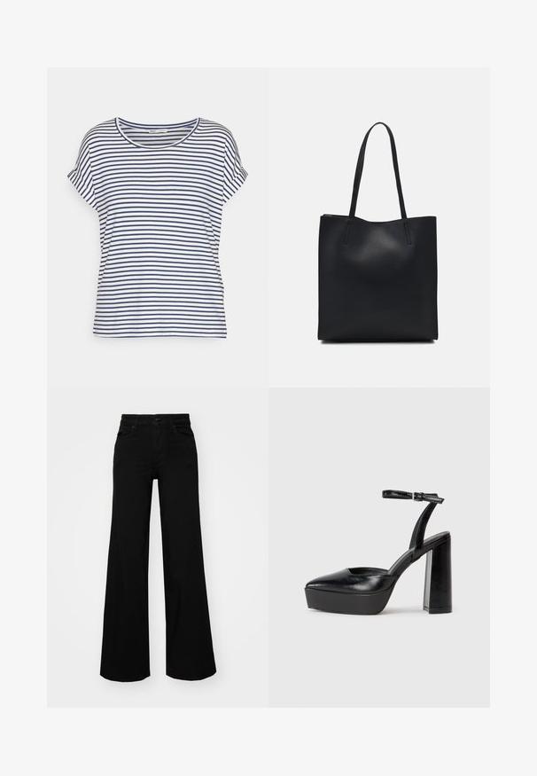 Striped short-sleeve T-shirt in white and navy, featuring a round neckline and relaxed fit, made from soft cotton fabric.; Black wide-leg pants made of denim, featuring a structured waistband, belt loops, and front pockets. Smooth texture with a classic design.; Black platform heels with a pointed toe and adjustable ankle strap. Constructed from smooth leather, featuring a chunky block heel.; Black leather tote bag with smooth texture, rectangular shape, and two long handles. No visible hardware or embellishments.