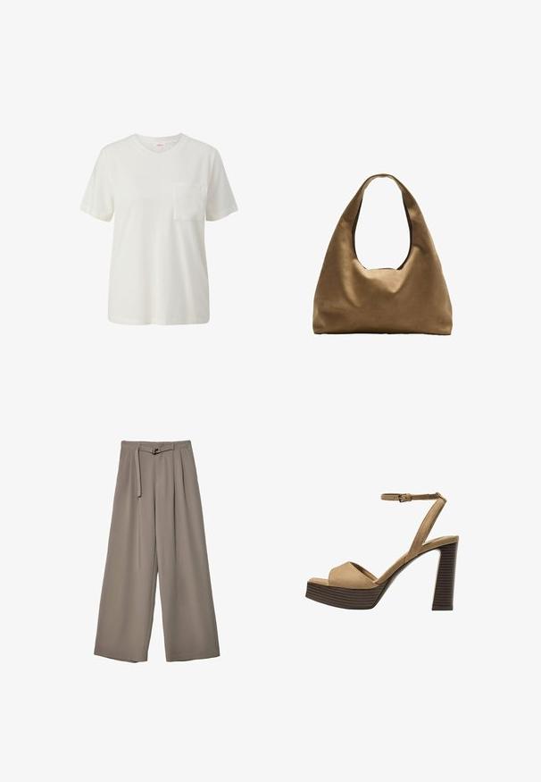Biała bawełniana koszulka z okrągłym dekoltem, krótkimi rękawami oraz jedną kieszenią na piersi, o gładkiej fakturze i prostym designie.; Spodnie o szerokich nogawkach w miękkim, stonowanym szarym materiale, z paskiem w talii i plisami dla dodania detali projektowych. Gładka tekstura, bez wzorów.; Beżowe zamszowe sandały na wysokim obcasie z szerokim paskiem z przodu i paskiem za kostkę, z masywnym drewnianym obcasem o teksturowanym wykończeniu.; Brązowa torba na ramię z szerokim, zaokrąglonym kształtem i dużym wyciętym uchwytem. Miękka tekstura, minimalistyczny design i brak widocznych elementów metalowych.