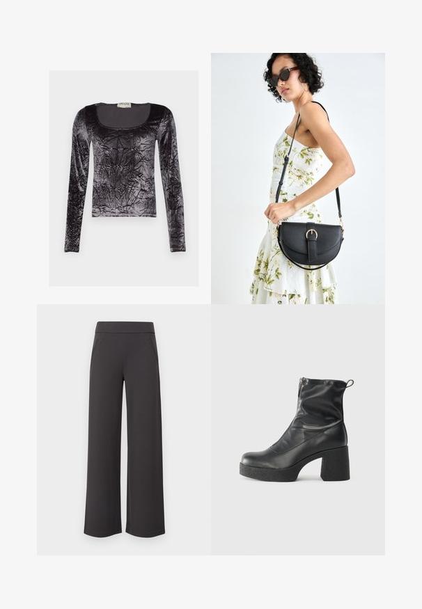 Top negru cu mânecă lungă, din catifea zdrobită, cu un gât rotund și o suprafață texturată cu un finisaj lucios.; Pantaloni evazați din țesătură gri închis, cu o textură netedă, talie elastică și două buzunare frontale. Design cu față plată.; Bocanci negri de glezna din piele netedă, cu fermoar lateral, toc texturat și masiv, și design cu vârf rotund.; Geantă din piele neagră, cu o formă curbată, curea detașabilă și accesorii aurii. Geanta are un capac cu un detaliu tip cataramă.