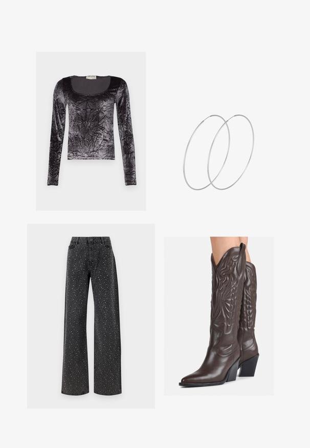 Čierny dlhý rukáv top vyrobený z drcenej zamatovej látky, s okrúhlym výstrihom a textúrovaným povrchom s lesklým finišom.; Noisy May NMJANNEL LOOSE - Džínsy voľného strihu - black denim; Hnedé kožené kovbojské topánky s špicatou špičkou a blokovým podrážkou, so zložitým prešívaním a vyvýšenými akcentmi na puzdre.; Strieborné kruhové náušnice s minimalistickým dizajnom. Cirkulárny tvar, hladký povrch a tenký profil. Ľahké s lesklým povrchom.