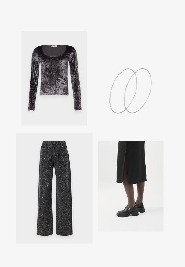 Black long-sleeve top made of crushed velvet, featuring a rounded neckline and textured surface with a shiny finish.; Noisy May NMJANNEL LOOSE - Relaxed fit jeans - black denim; Black leather shoes with a rounded toe, thick block heel, and elastic side accents, paired with dark tights and a black skirt with a slit.; Silver hoop earrings with a minimalist design. Circular shape, smooth texture, and thin profile. Lightweight with a polished finish.