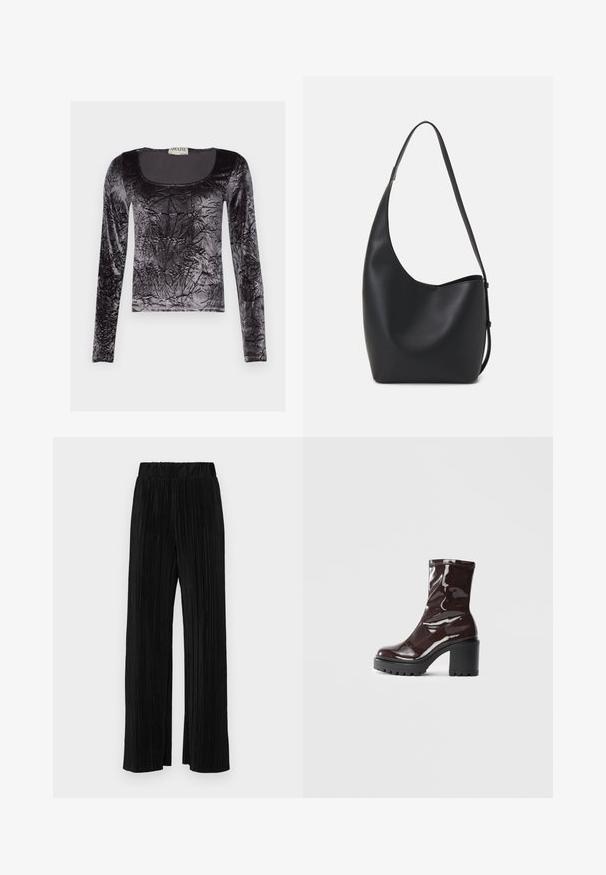 Sort langærmet top lavet af knust velour, med en rund halsudskæring og struktureret overflade med en skinnende finish.; Sorte plisserede bukser med elastisk talje. Har brede ben og et glat, tekstureret stof med lodrette striber.; Glatte burgunder ankelstøvler med en chunky sort hæl, der har en glat tekstur og et simpelt design. Ingen synlige lukninger eller mønstre.; Sort læder hobo taske med en glat overflade, buet form og en enkelt justerbar rem; har en bred åbning øverst.
