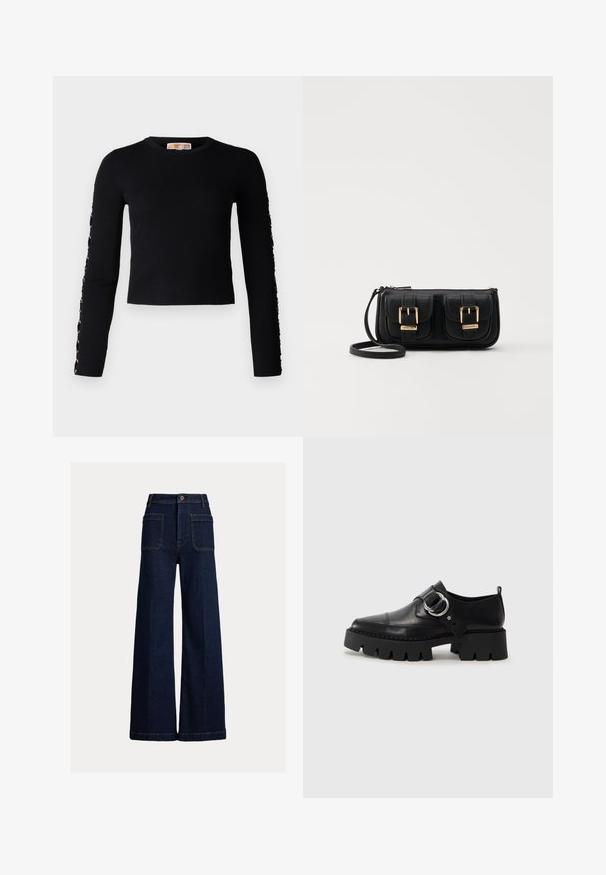 Nije uspjelo generirati alternativni opis.; Široke traperice tamnoplave boje, s visokim strukom, dva prednja džepa i dva stražnja džepa s kopčanjem na dugme.; Crne kožne cipele s debelim, rebrastim potplatom, koje imaju okrugli srebrni detalj i minimalne šavove.; Crna kožna torba preko ramena s dva prednja džepa, zlatnim kopčama, zatvaranjem na zip i uskim remenom. Teksturirana površina i kompaktan pravokutan oblik.