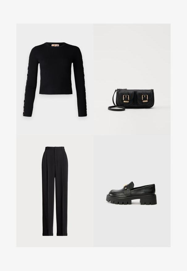 Es konnte kein Alternativtext generiert werden.; Schwarze, taillierte Hose mit hoher Taille, mit Falten vorne, geradem Bein-Design und umgeschlagenem Saum. Aus glattem Stoff gefertigt.; Schwarze Lederloafers mit einer klobigen Sohle, die an der Vorderseite ein goldfarbenes Akzent und eine glatte Oberfläche aufweisen. Klobiges Profil-Design auf der Sohle.; Schwarze Leder-Umhängetasche mit zwei vorderen Taschen, goldenen Schnallen, Reißverschluss und einem schmalen Tragegurt. Texturierte Oberfläche und kompakte rechteckige Form.