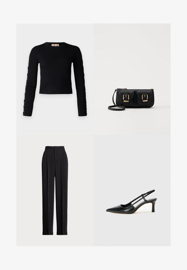 Misslyckades med att generera alt-text; Svarta skräddarsydda byxor med hög midja, med veck framtill, rak bendesign och uppvikte nederdelar. Tillverkade av ett slätt tyg.; Svart lackskin slingback-häl med spetsig tå, med texturerad ormskinnsprint, justerbar rem och en kort, texturerad blockklack.; Svart läderaxelväska med två framfickor, guldspännen, dragkedjestängning och en smal rem. Texturerad yta och kompakt rektangulär form.