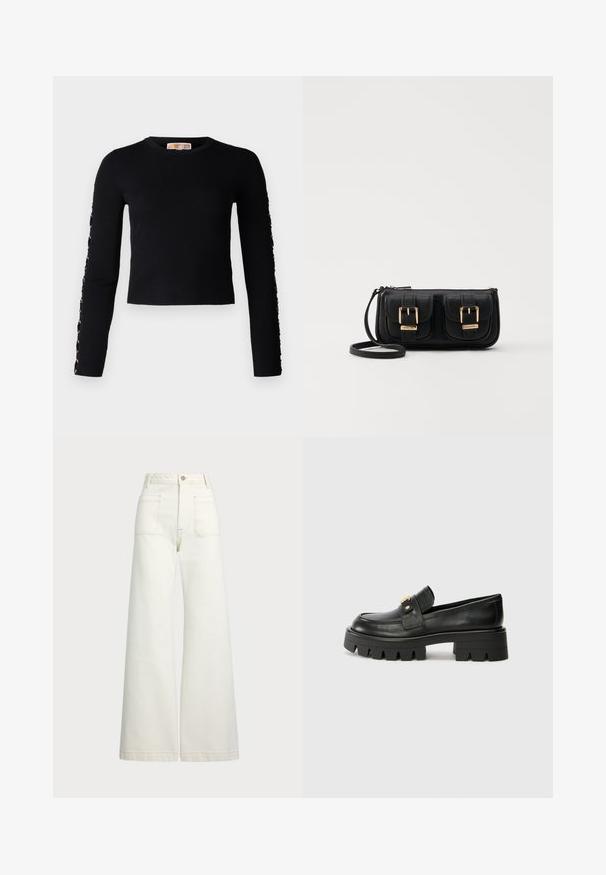 Es konnte kein Alternativtext generiert werden.; Weite Jeans aus off-white Denim. Hoch tailliertes Design mit Knopfverschluss, zwei Fronttaschen und kontrastierenden Stickdetails.; Schwarze Lederloafers mit einer klobigen Sohle, die an der Vorderseite ein goldfarbenes Akzent und eine glatte Oberfläche aufweisen. Klobiges Profil-Design auf der Sohle.; Schwarze Leder-Umhängetasche mit zwei vorderen Taschen, goldenen Schnallen, Reißverschluss und einem schmalen Tragegurt. Texturierte Oberfläche und kompakte rechteckige Form.