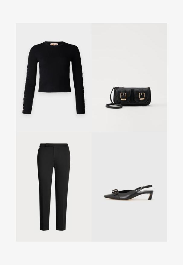 Nepavyko sugeneruoti alt-teksto; Juodos tapered kelnės, pagamintos iš elastingos medžiagos, su plokščiu juosmeniu, šoniniais kišenėmis ir lygiu, matinio paviršiaus tekstūra. Nėra matomų užsegimų.; Juodas odinis slingback batelis su smailiu nosiu, maža pakulne ir dekoratyvine sagtimi viršuje. Lygus paviršius, minimalistas dizainas.; Juodas odinis per petį nešiojamas krepšys su dviem priekiniais kišenėmis, auksiniais sagtimis, užtrauktuko uždarymu ir siauromis petnešomis. Textūruota paviršius ir kompaktiškas stačiakampis formatas.