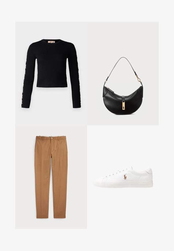 Impossibile generare il testo alternativo.; Pantaloni in cotone marrone con un design slim-fit, frontale piatto e tasche standard; texture liscia e orli rifiniti.; Sneakers in pelle bianca, design low-top, caratterizzati da una texture liscia, punta rotonda, chiusura con lacci e un piccolo logo ricamato sul lato.; Borsa a tracolla nera in pelle a forma di mezzaluna. Presenta un accento in metallo dorato e una tracolla sottile. Tessuto liscio, chiusura a cerniera nella parte superiore.