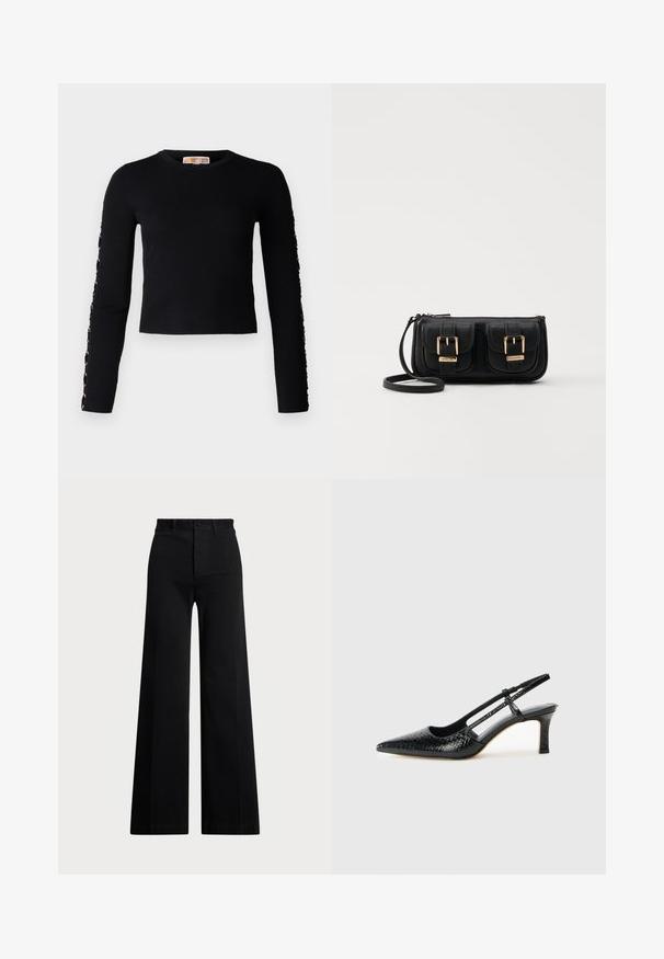 Generarea textului alternativ a eșuat.; Pantaloni negri cu picioare largi, confecționați dintr-o țesătură, având talie înaltă, închidere cu buton în față și buzunare laterale. Textură netedă cu linii curate.; Pantofi cu toc slingback negri din patent, cu vârf ascuțit, cu imprimeu de șarpe texturat, curea ajustabilă și toc scurt texturat.; Geantă neagră din piele, tip crossbody, cu două buzunare frontale, catarame aurii, închidere cu fermoar și o curea subțire. Suprafață texturată și formă rectangulară compactă.