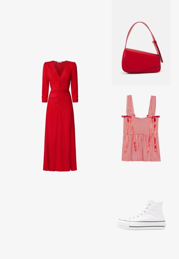 Červený a biely gingham top s širokými ramienkami viazanými saténovými stužkami, zhnutý živôtik a rozšírený lem, vyrobený z ľahkého bavlneného zmesi.; Červené šaty s výstrihom do V, trojštvrťovými rukávmi a nariasením v oblasti pása a na chrbte. Materiál vyzerá hladko a ľahko.; Biele vysoké plátené tenisky s čiernou gumovou podošvou, prednou gumovou špičkou a šiestimi okami na šnúrky, s čistým, minimalistickým dizajnom.; Červená kožená kabelka s ostrým, geometrickým dizajnom. Má jeden nastaviteľný popruh a uzatváranie na klopu so šitím.
