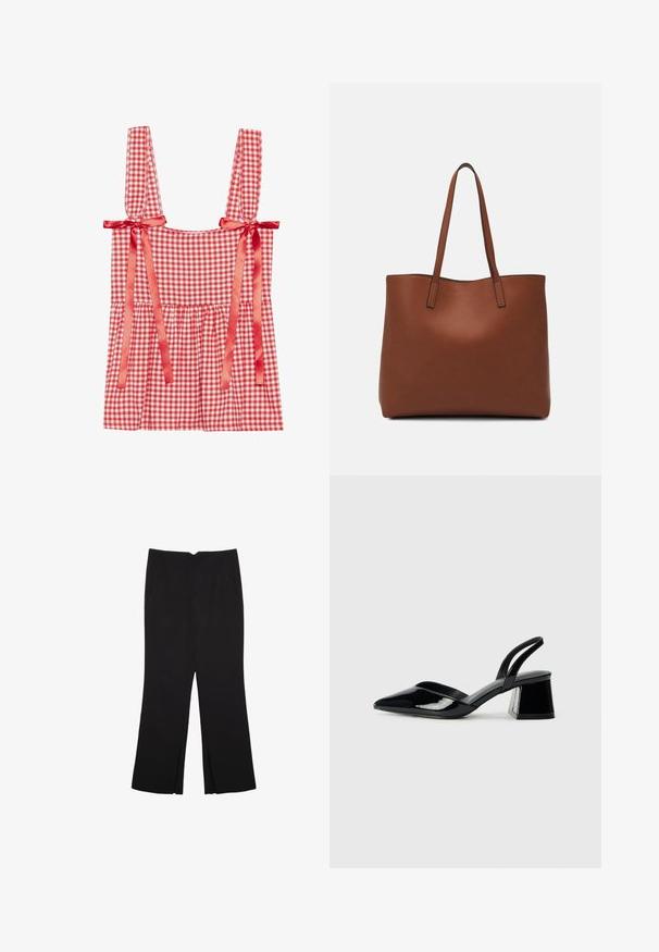 Red and white gingham top with wide straps tied with satin ribbons, gathered bodice, and flared hem, made of a lightweight cotton blend.; Black trousers with a straight fit, featuring front pockets and side slits at the hem. Made of soft, smooth fabric. Suitable for various occasions.; Black patent leather slingback heels with a pointed toe and a geometric block heel. Features a sleek, minimal design and smooth texture.; Brown leather tote bag with a smooth texture, open top design, and two shoulder straps. Features minimal stitching and no visible hardware.